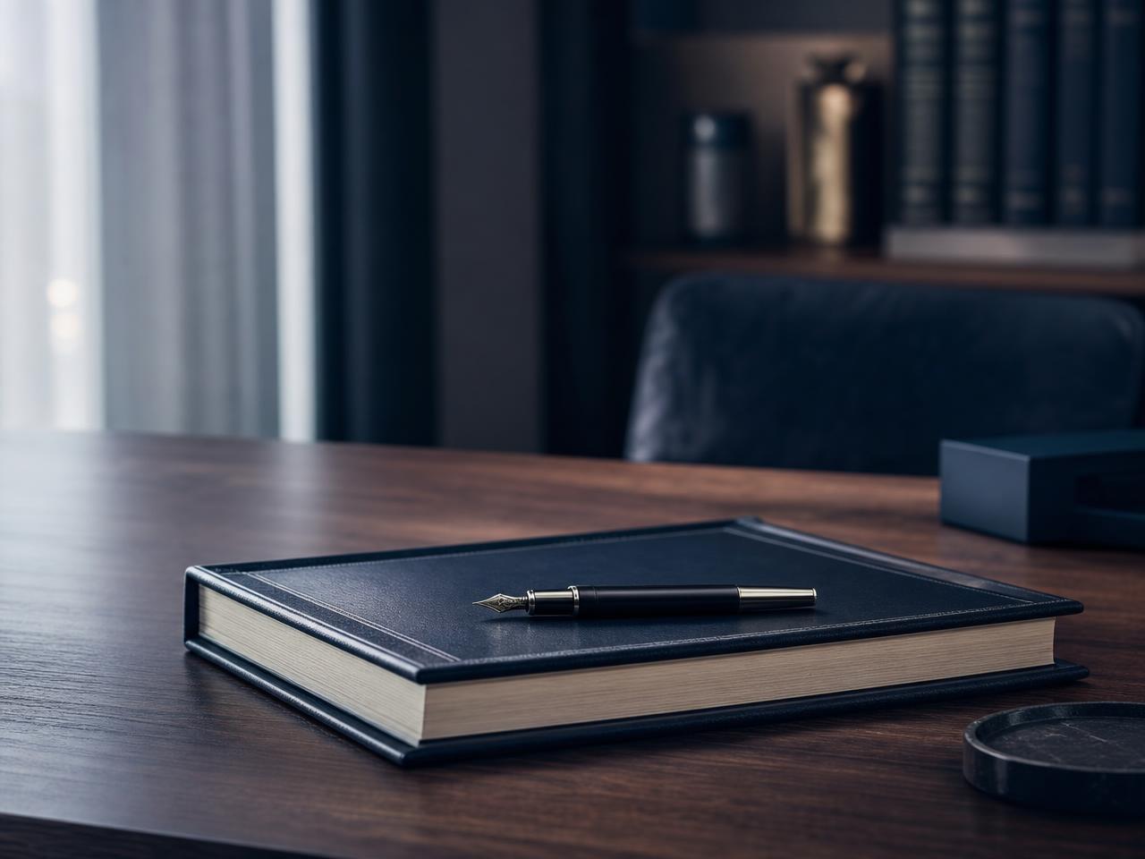 Stylo plume posé sur un registre relié en cuir, bureau contemporain, ambiance exécutive bleu Genève.
