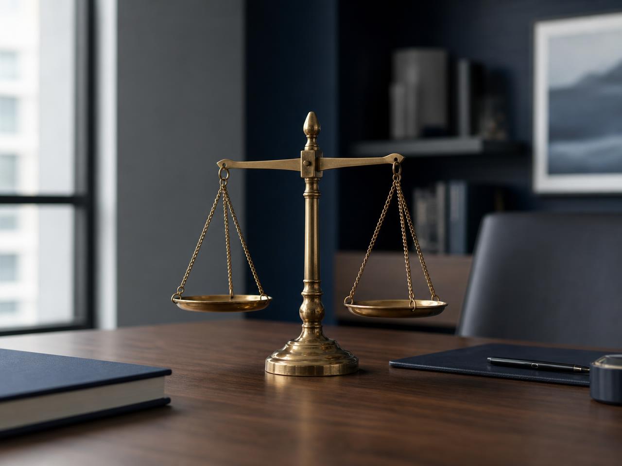 Balance en laiton parfaitement à l'équilibre sur un bureau contemporain, ambiance exécutive bleu Genève.